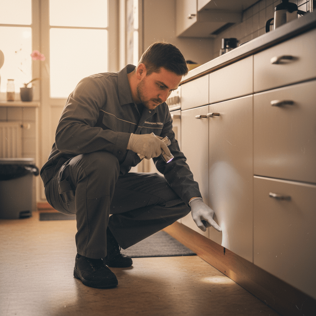 Erfahrener Kammerjäger für Ameisen bei der Arbeit in einer deutschen Küche